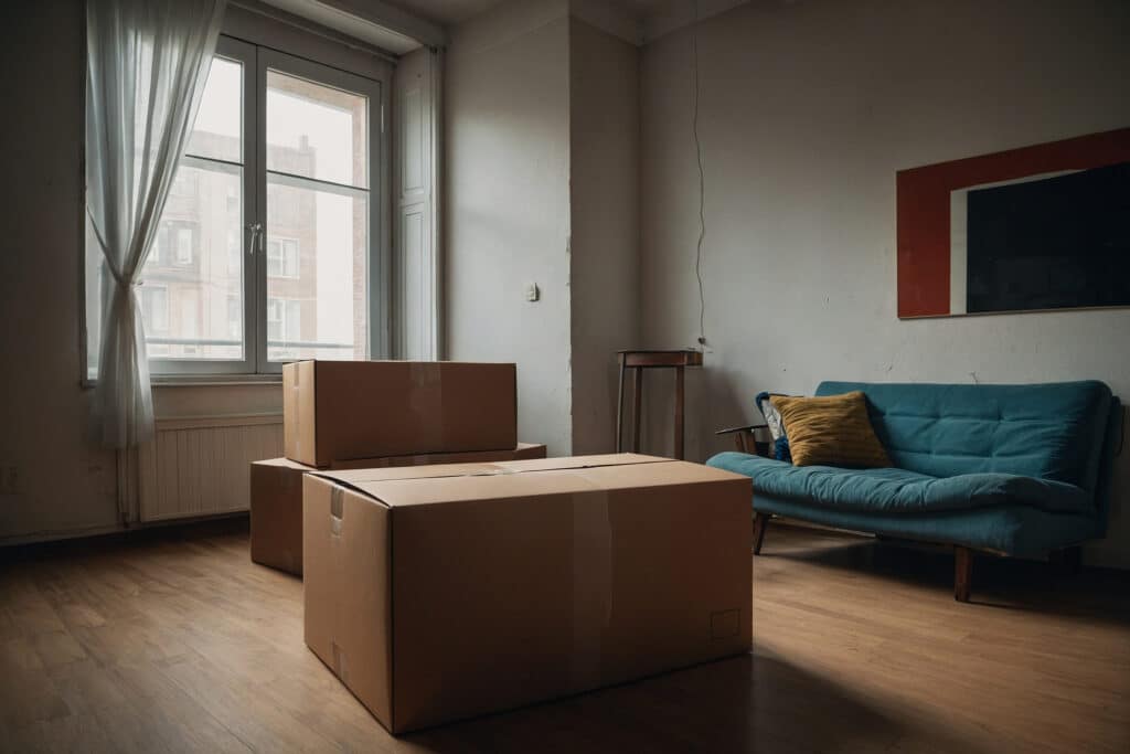 Intérieur d'un appartement avec des cartons de déménagement, un canapé bleu, un tableau abstrait et une fenêtre lumineuse.