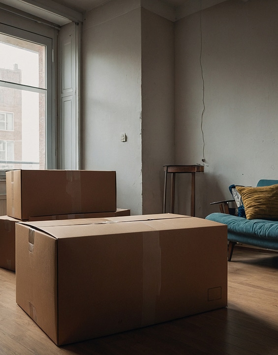 Cartons Déménagement Salon Ancien Lumière Naturelle Gros cartons de déménagement scellés au premier plan dans une pièce peu éclairée avec fenêtre et un canapé bleu et jaune visible au fond.