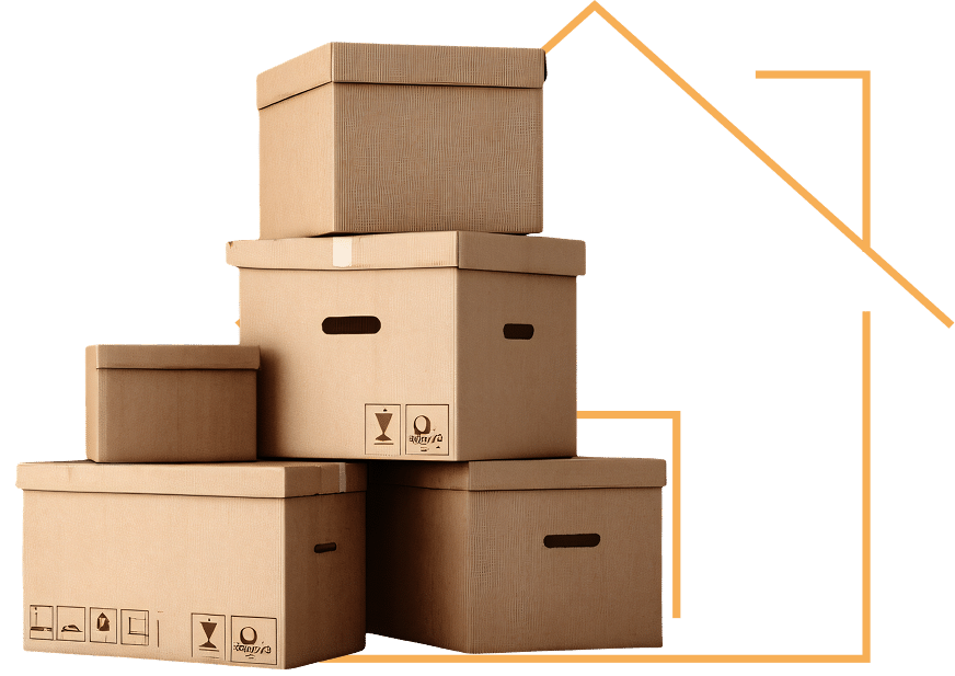 Cartons Déménagement Salon Ancien Lumière Naturelle Gros cartons de déménagement scellés au premier plan dans une pièce peu éclairée avec fenêtre et un canapé bleu et jaune visible au fond.