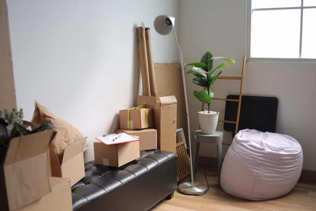 Cartons de déménagement, mobilier et plante dans une pièce Pièce en cours de déménagement avec cartons, pouf rose, plante verte en pot blanc, lampe sur pied métallique et liste "MOVING CHECKLIST".