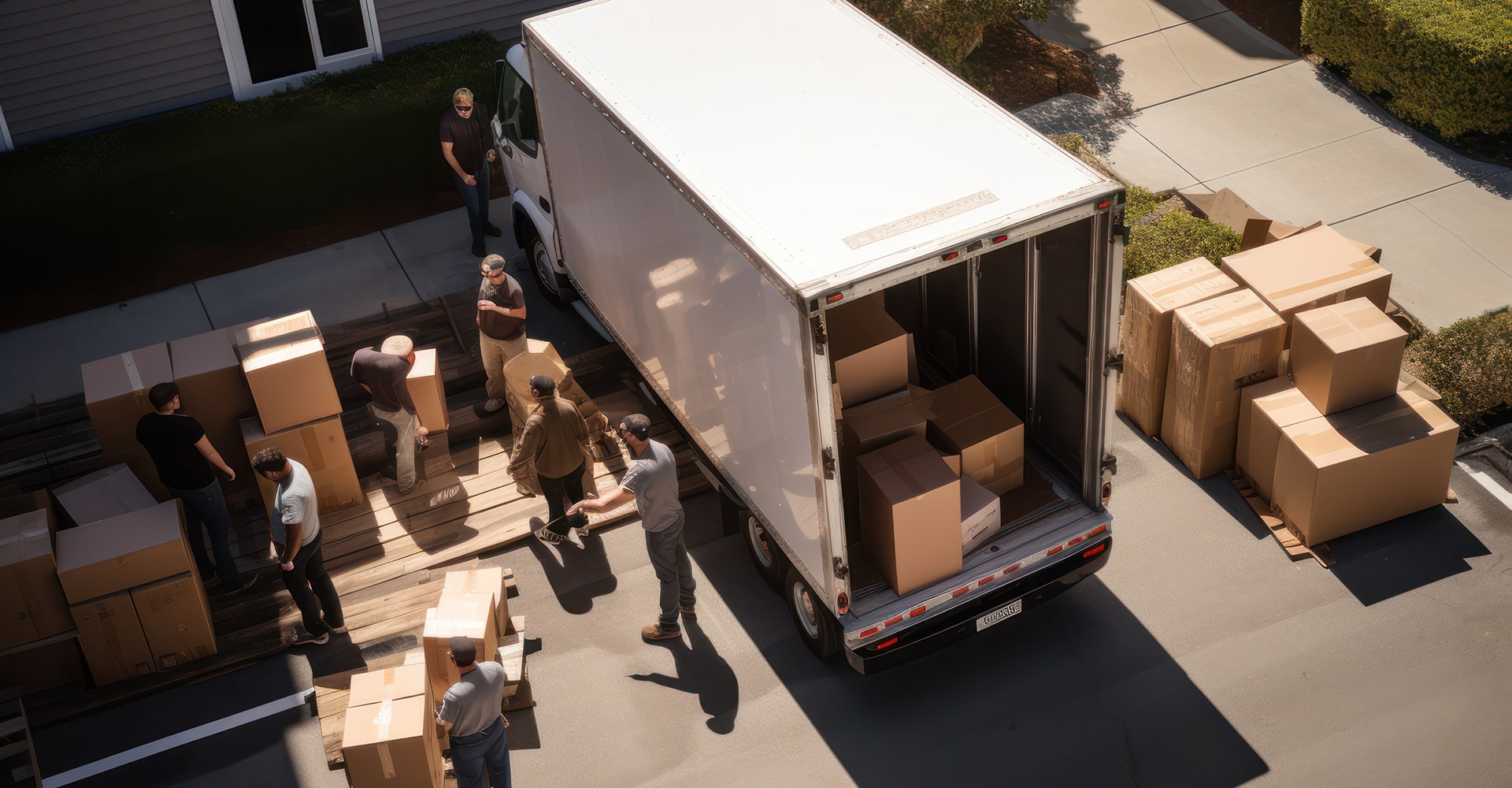 Cartons Déménagement Salon Ancien Lumière Naturelle Gros cartons de déménagement scellés au premier plan dans une pièce peu éclairée avec fenêtre et un canapé bleu et jaune visible au fond.